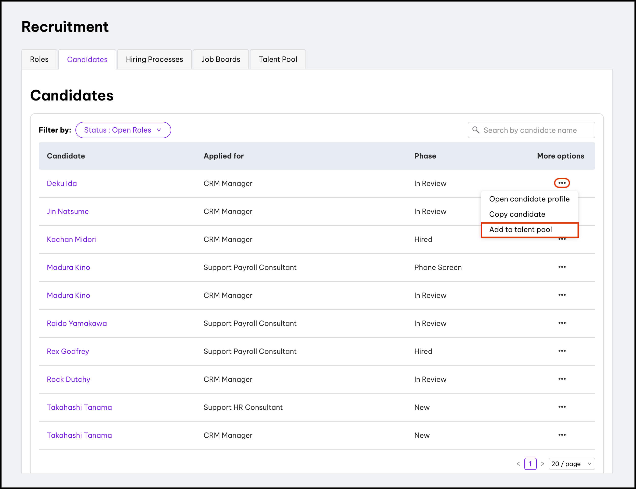 screenshot of employment hero candidate talent pool 