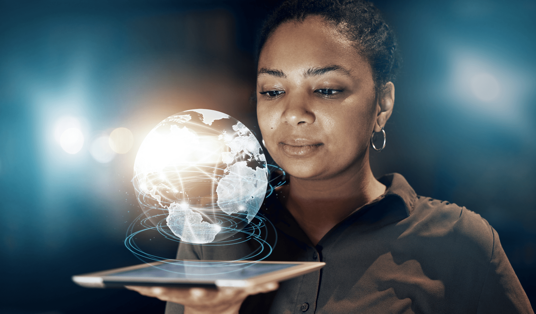 woman looking at an AI generated image of a globe