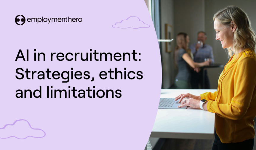 A woman sits at a laptop, with the subheading 'AI in recruitment: Strategies, ethics and limitations'