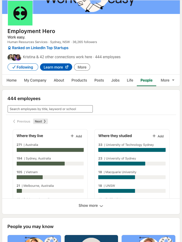 Employment Hero's 'People' section.