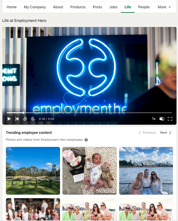 Employment Heroโs โLifeโ page, featuring a video from our team and some employee content (with plenty of pics from our latest team get-together).