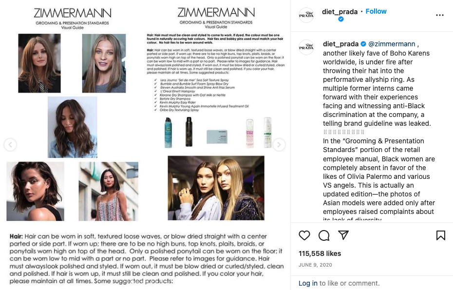 Diet Pradaโs Instagram post about Zimmermanโs retail employee guide.
