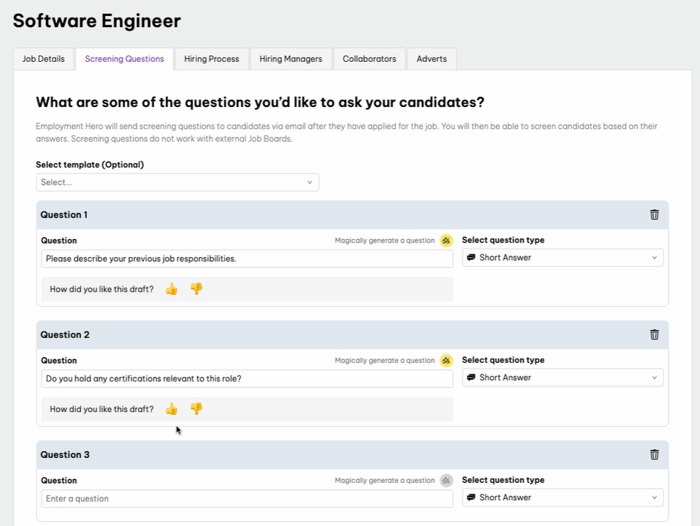pre screening template questions AI