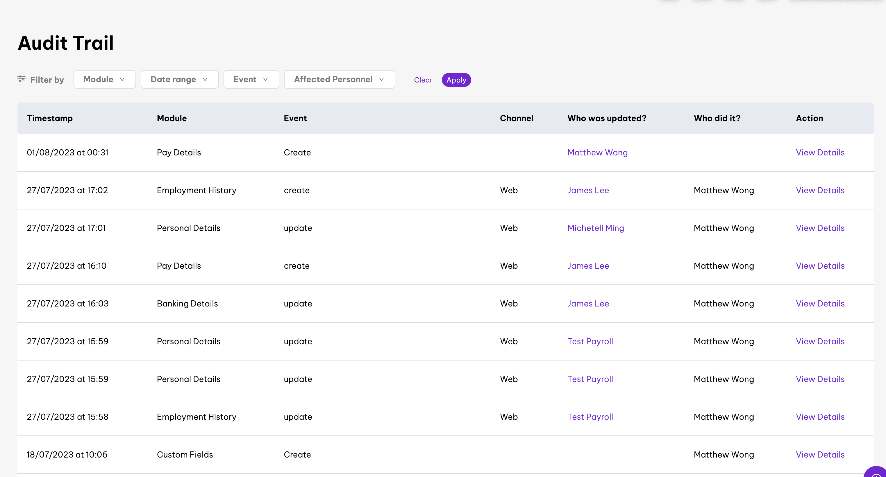 Screenshot of Employee Audit in Employment Hero