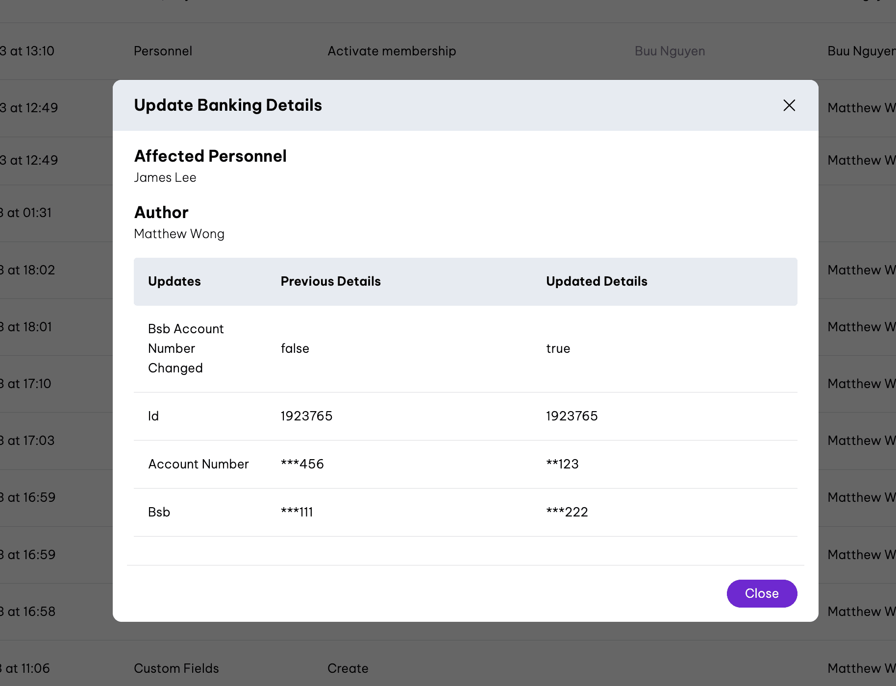 Screenshot of Employee Audit in Employment Hero, showing changes to an employee's bank details
