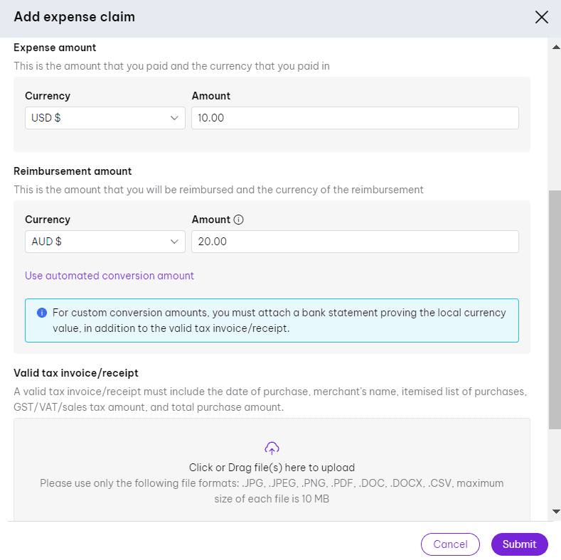 Screenshot of expense claim form in Global Teams