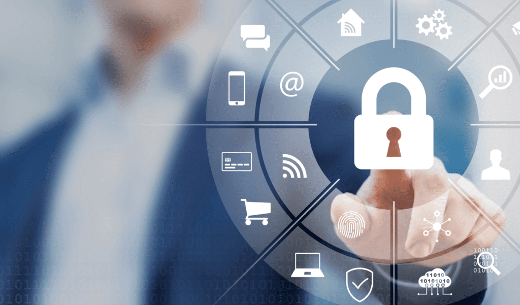 man pointing towards a graphic of a lock and technological functions