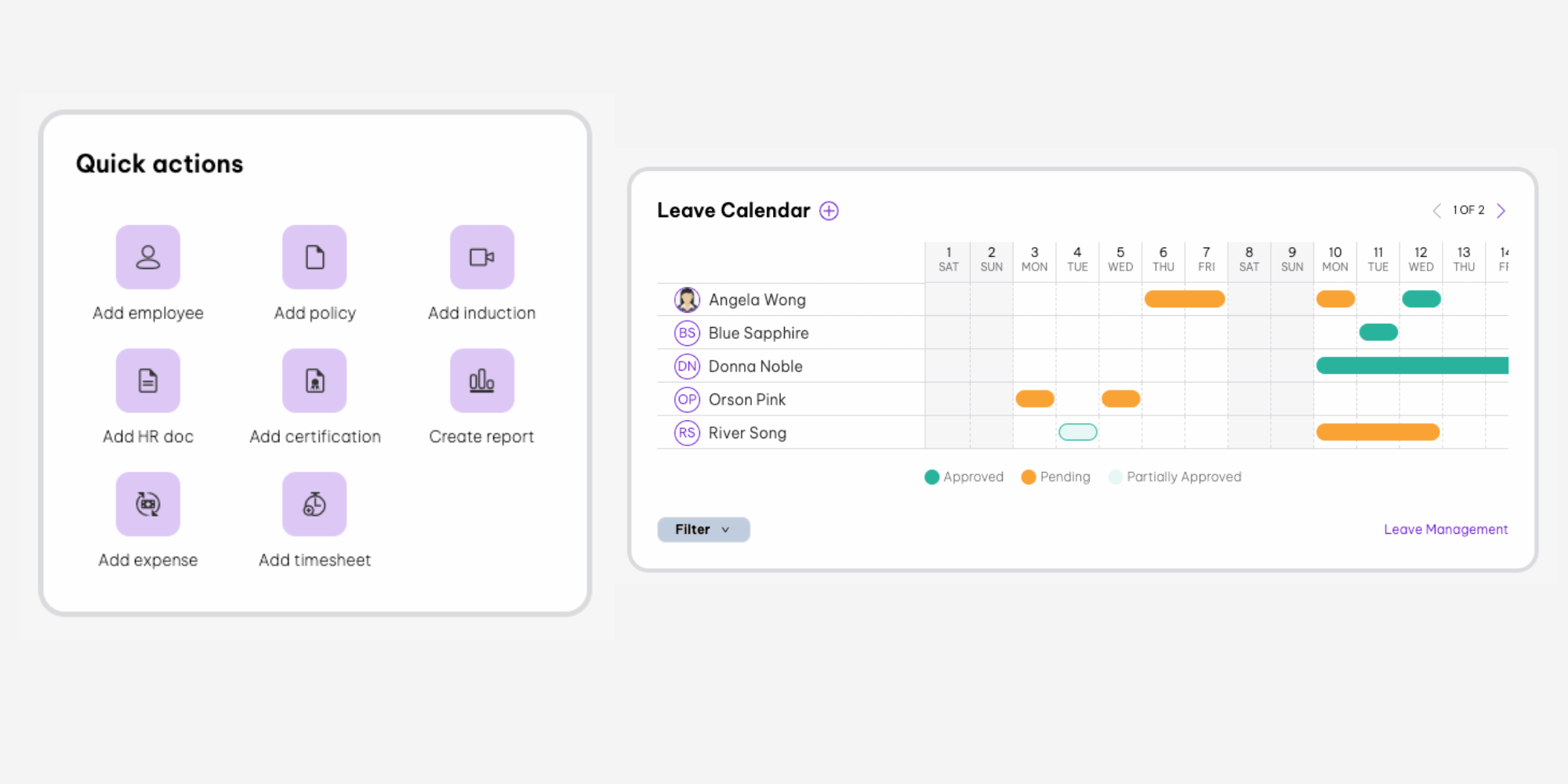 Quick actions + leave calendar