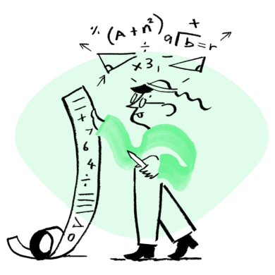An image of Quinn holding a scroll with formulas (neon green)