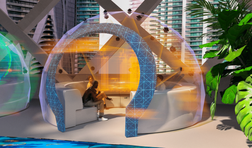 Futuristic looking meeting space dome with virtual render of a building inside
