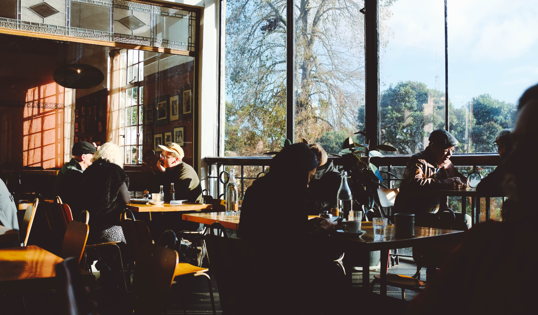 A busy cafe in Auckland, people sitting at tables with cups of coffee