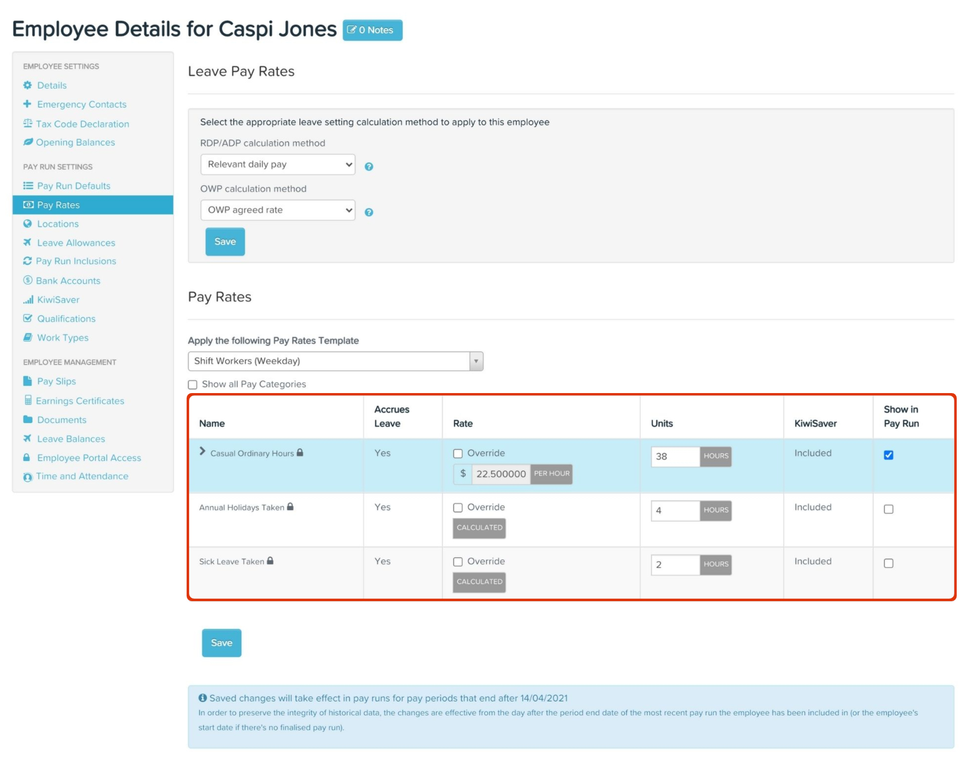 Screenshot of an Employee pay run details in Employment Hero Payroll
