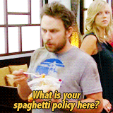 Gif of man eating pasta with text "What is your spaghetti policy here?"