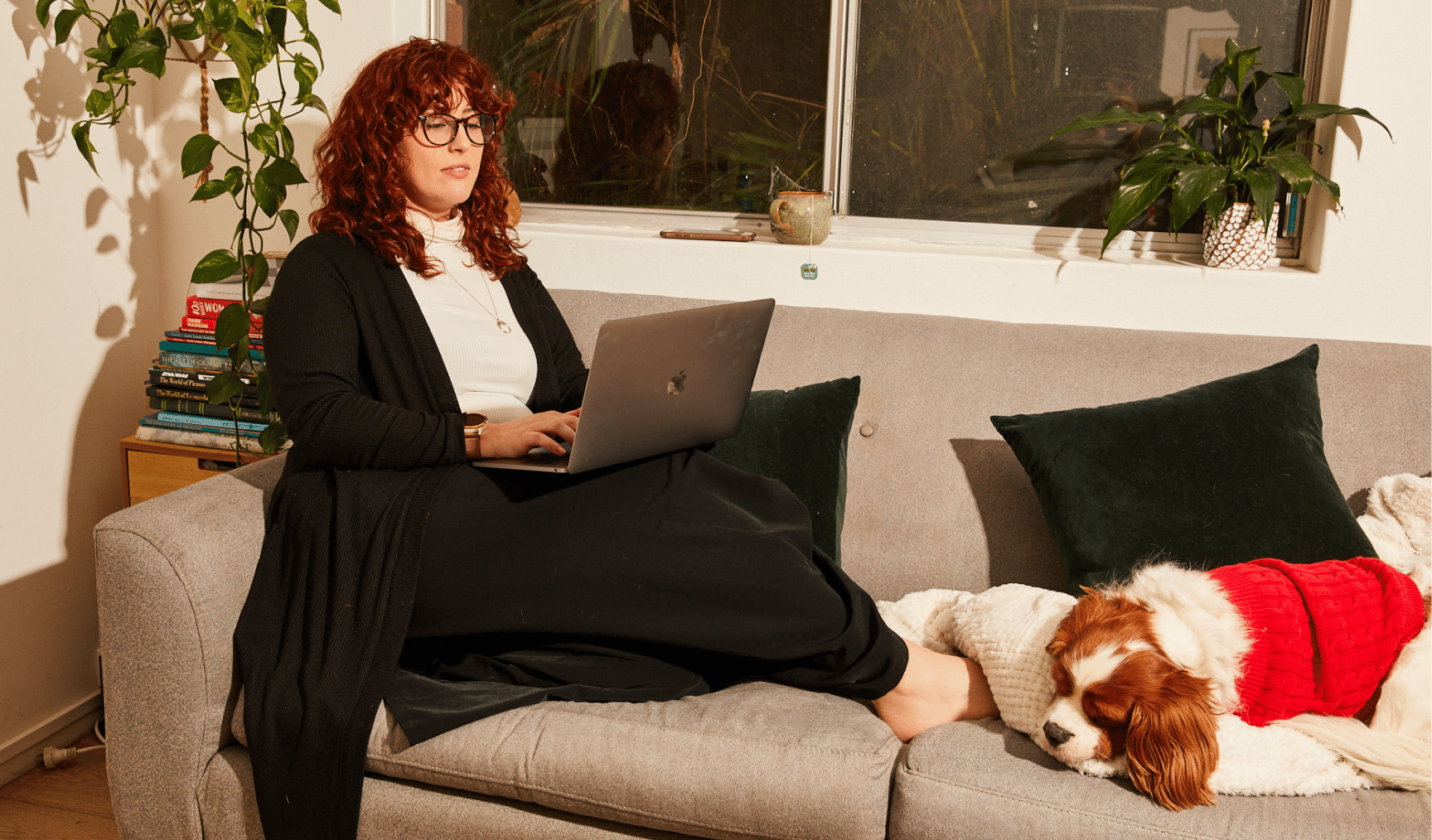 Woman sitting on couch with laptop and dog