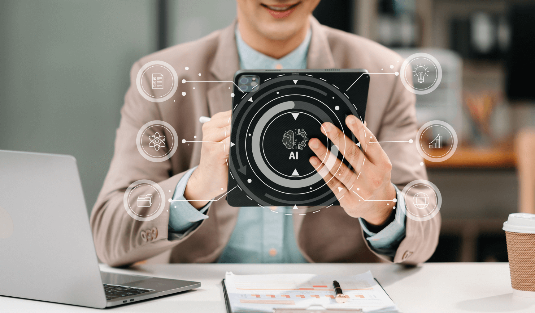 Man holding an Ipad with AI graphics
