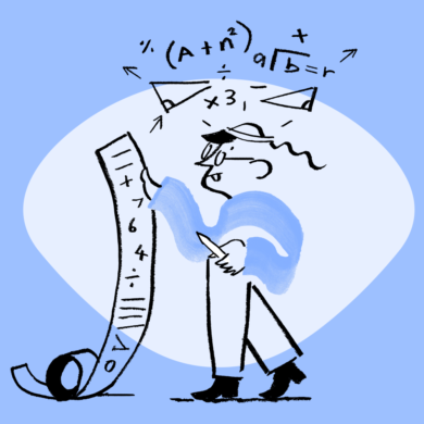 An image of Quinn holding a scroll with formulas (periwinkle)