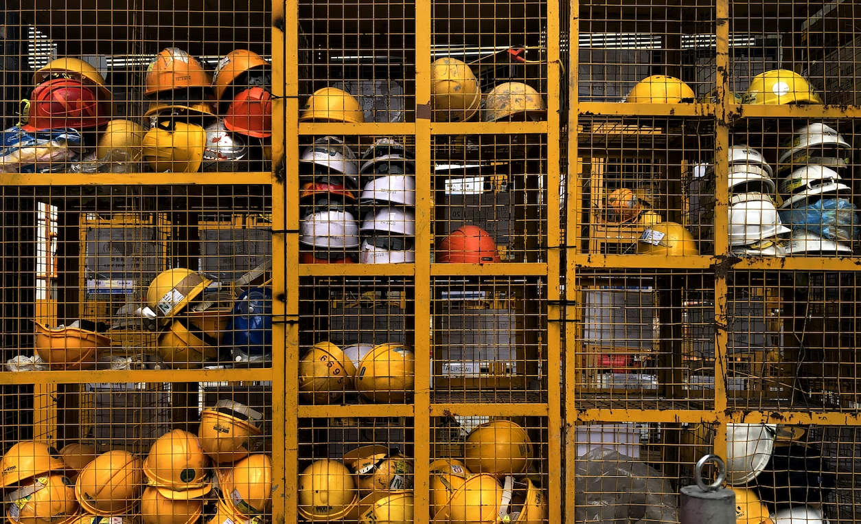 a construction storage space of helmets for employees