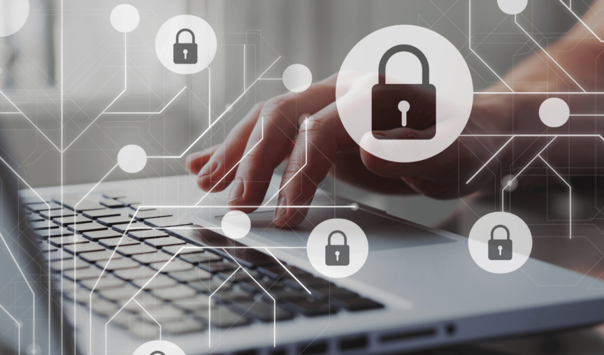 This is an image of a laptop with cyber security icons.