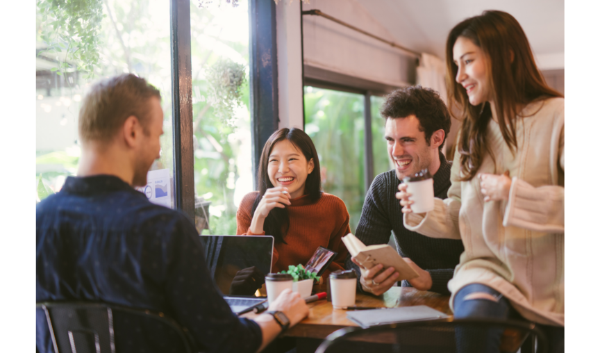 A team having a meeting in a coffee ship