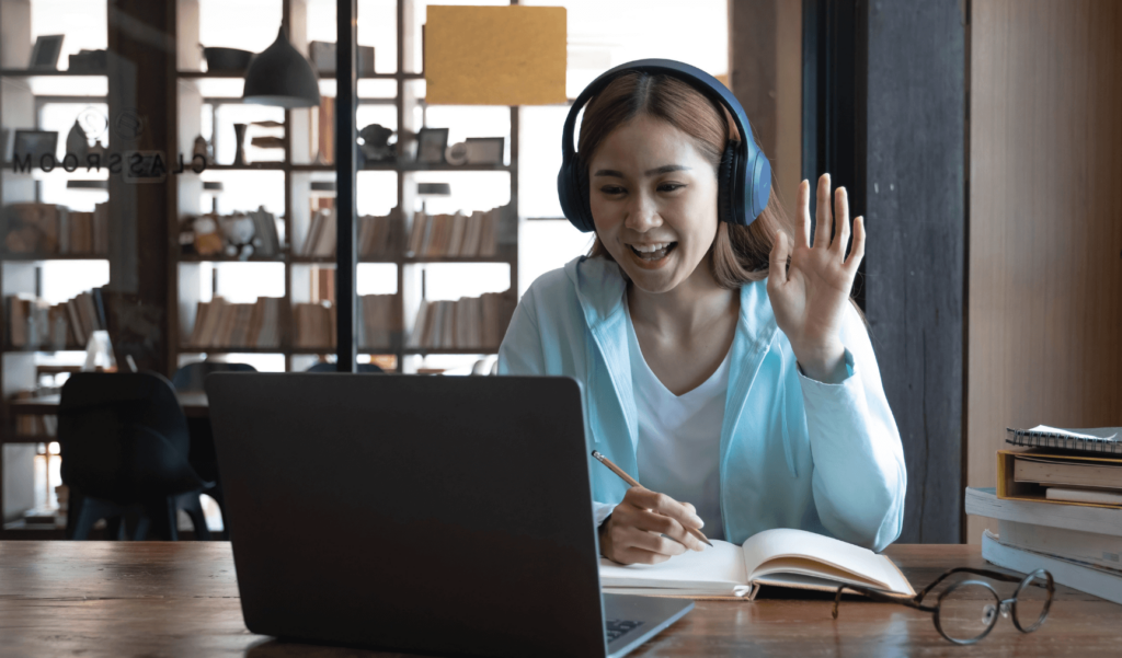 a woman having a call while wearing headphones