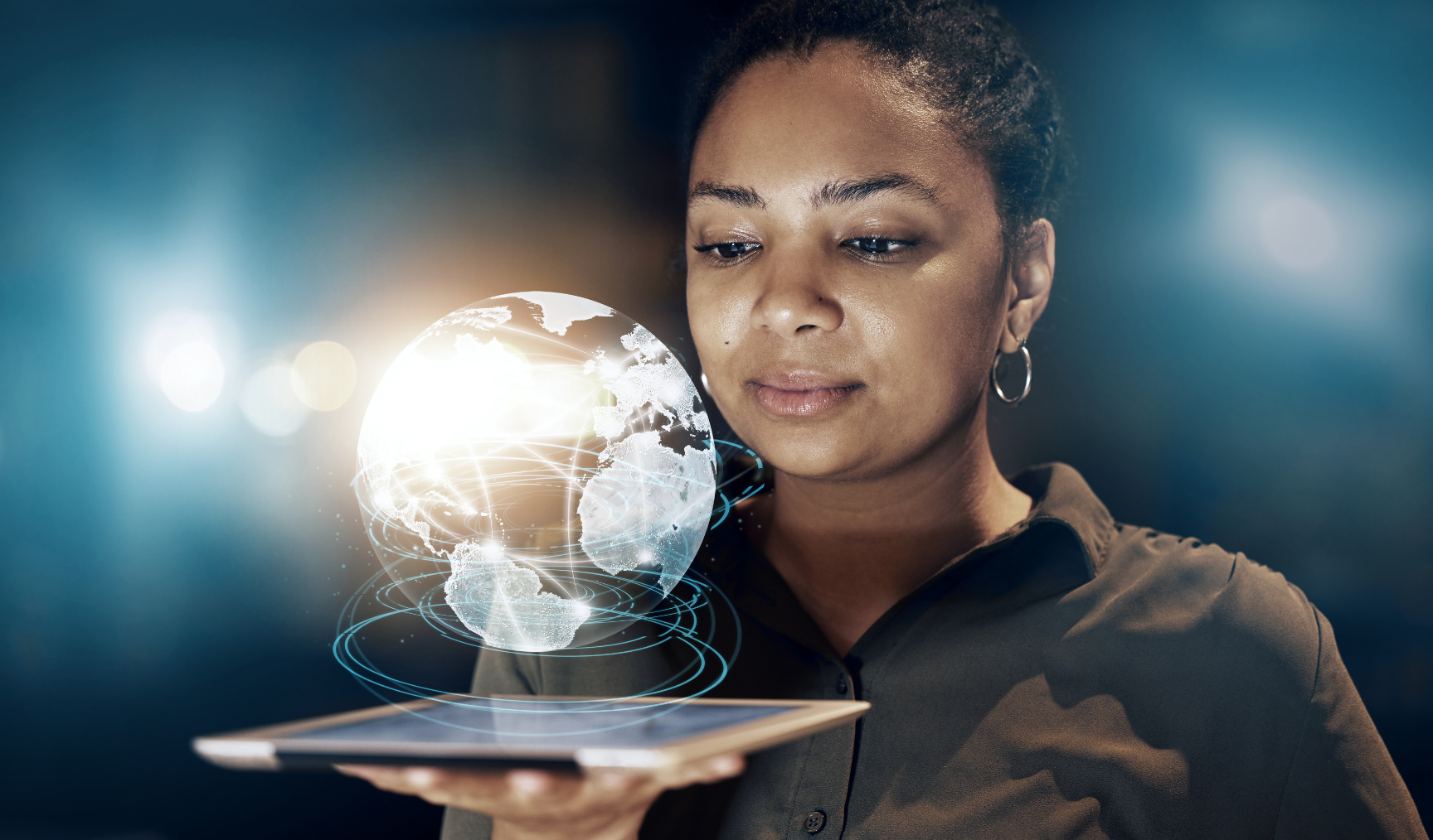 woman looking at an AI generated image of a globe