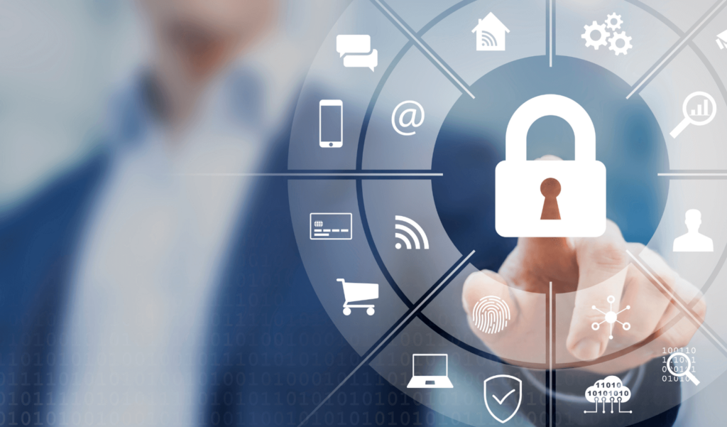 man pointing towards a graphic of a lock and technological functions