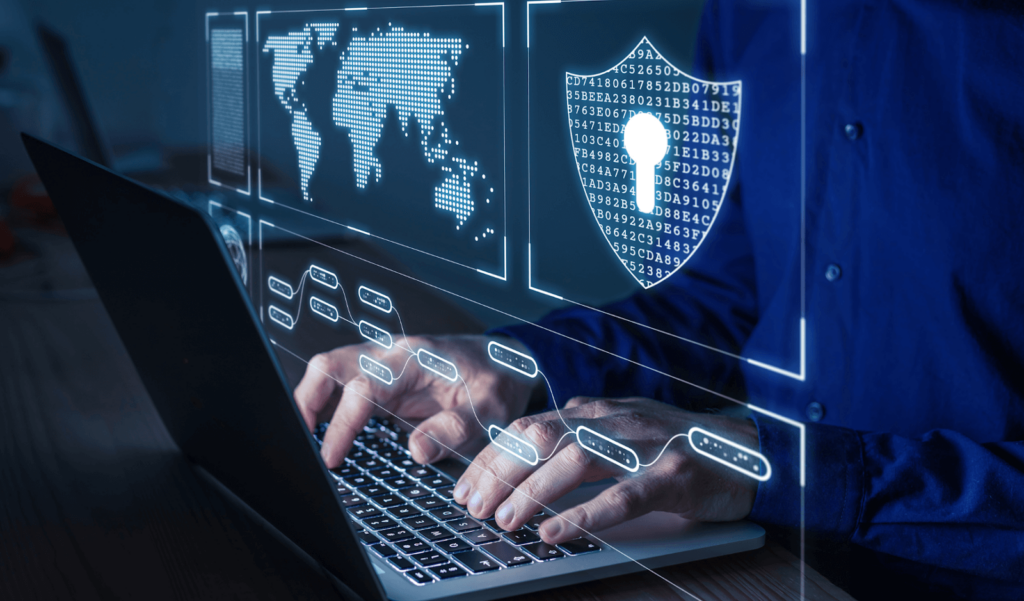 a man working on a laptop with security overlay