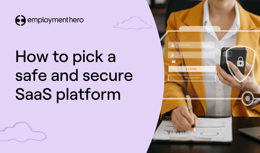 Cover image saying How to pick a safe and secure SaaS platform with a woman looking at her phone and working
