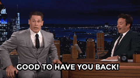Jimmy Fallon and guest, text reads "Good to have you back"