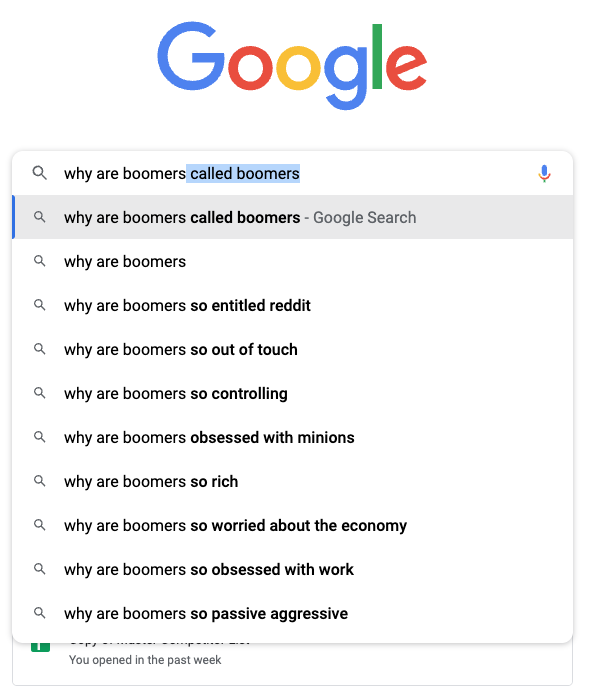 A Google search for the term "boomers"