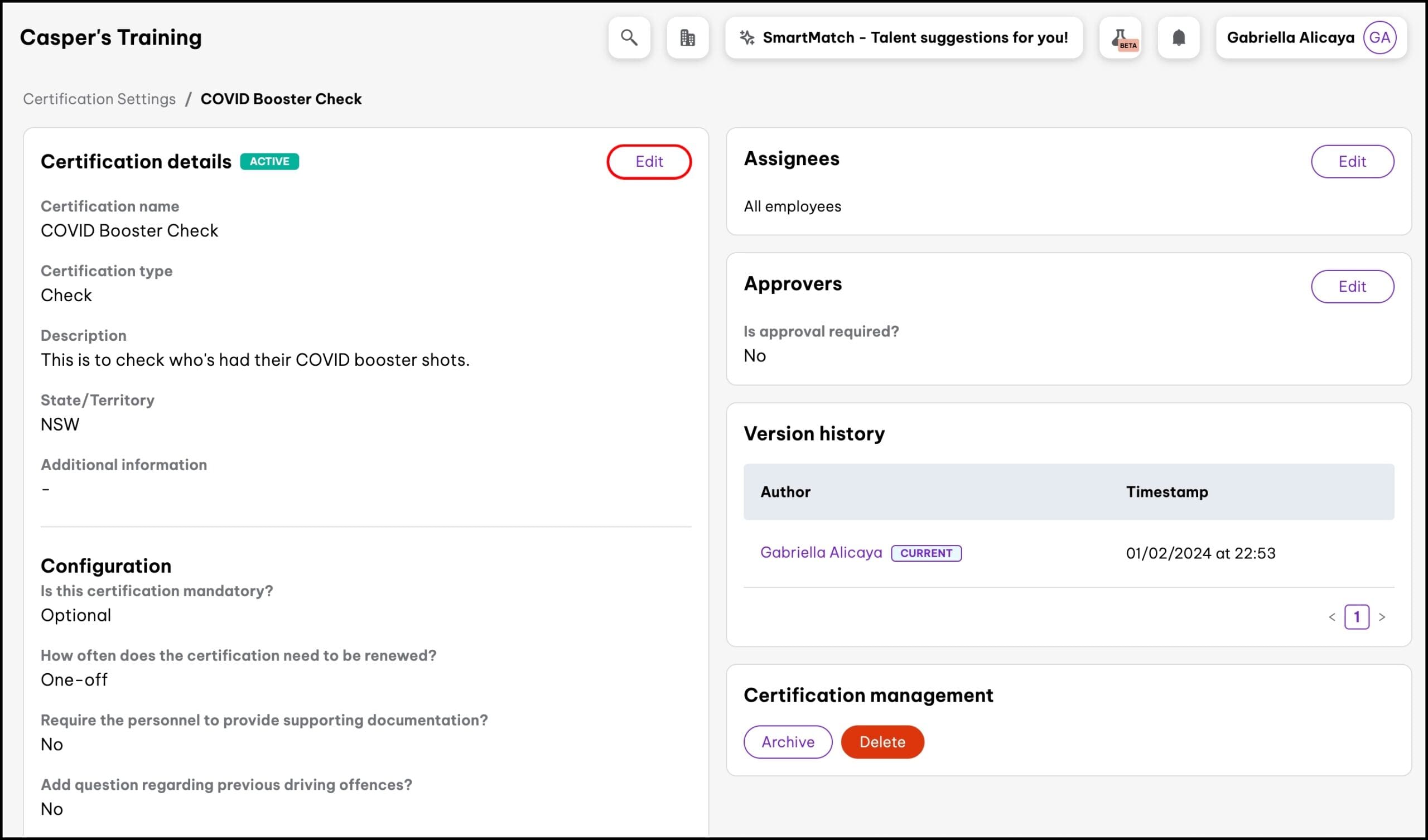  edit certification page, highlighting the edit button for certification details