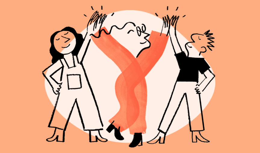 Illustration of one person in orange high-fiving two people in black.
