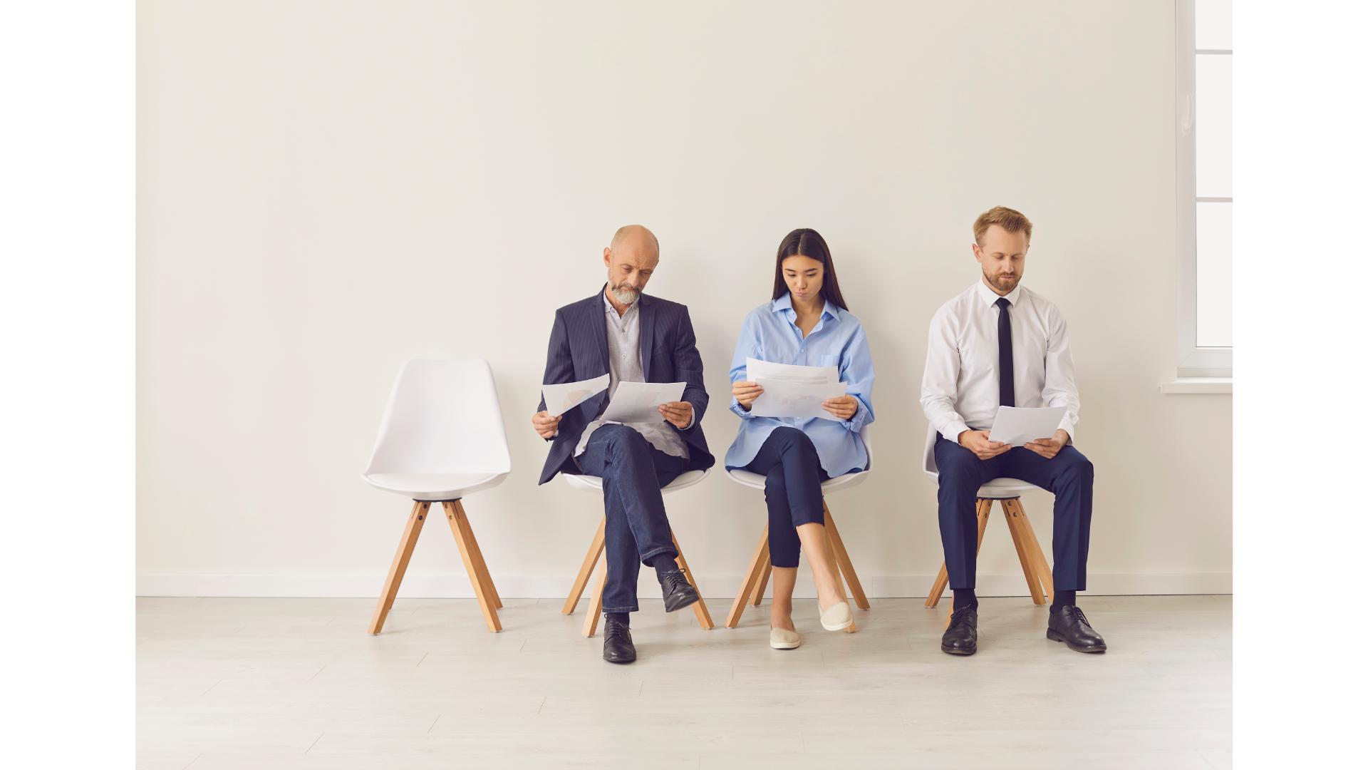applicants sitting on stools while holding papers